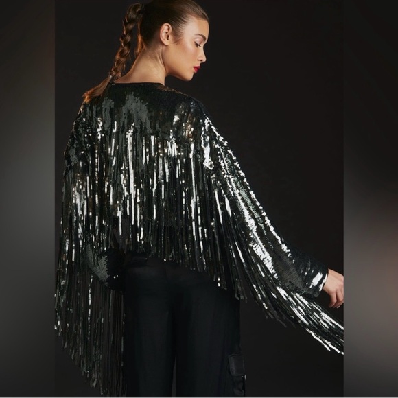 By Anthropologie Green Silver Black Sequin Fringed Jacket Large EUC Rare - Picture 3 of 10